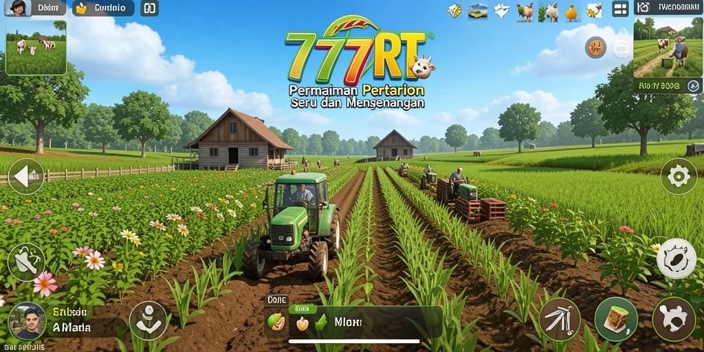 Screenshot gameplay 777RT menampilkan ladang yang subur dan aktivitas pertanian.