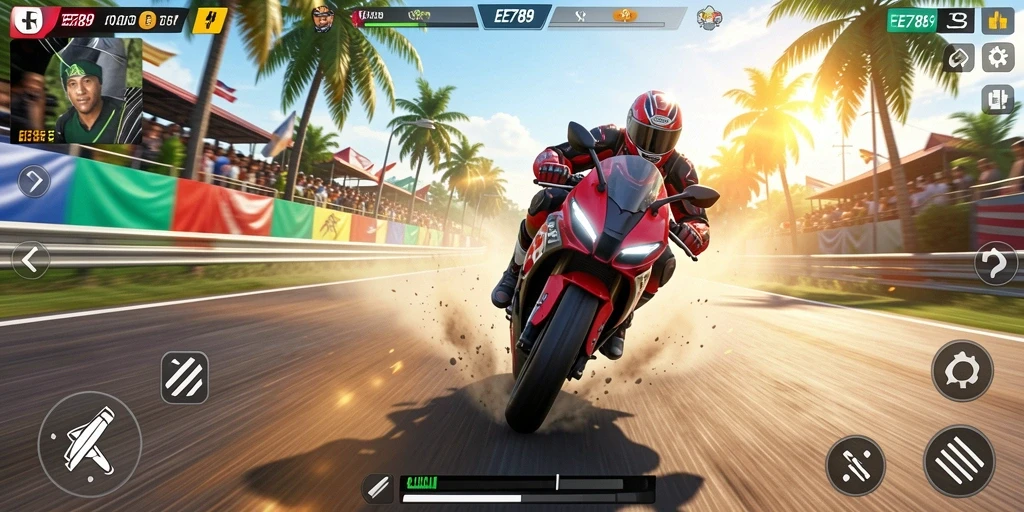 Tampilan gameplay seru di trek balapan motor yang menantang.