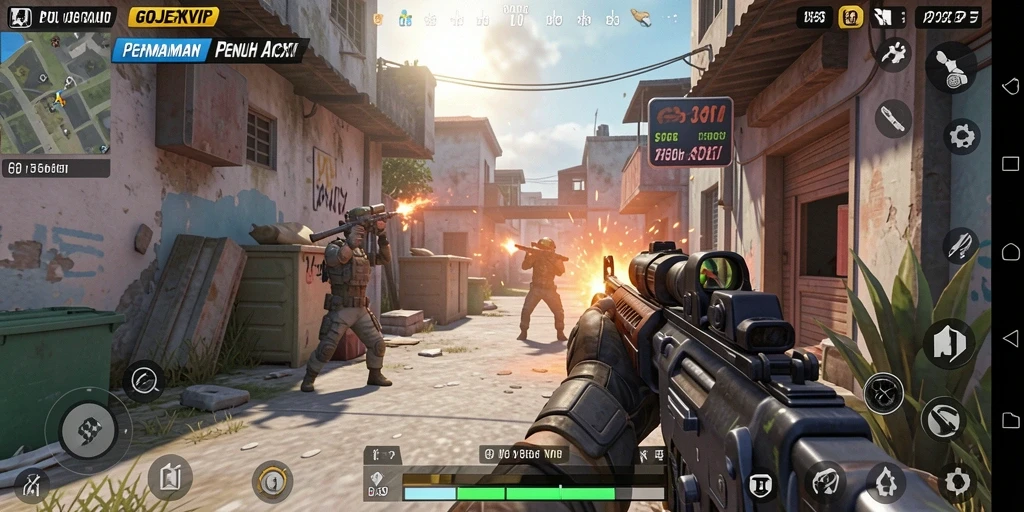 Tangkapan layar dari gameplay GOJEKVIP yang menunjukkan aksi tembak-menembak yang seru.