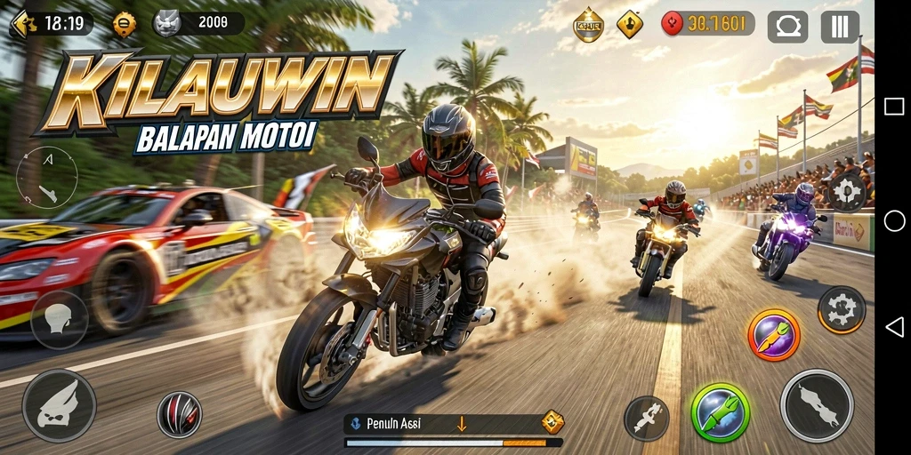 Tampilan gameplay mendebarkan dalam KILAUWIN saat melaju kencang di lintasan.